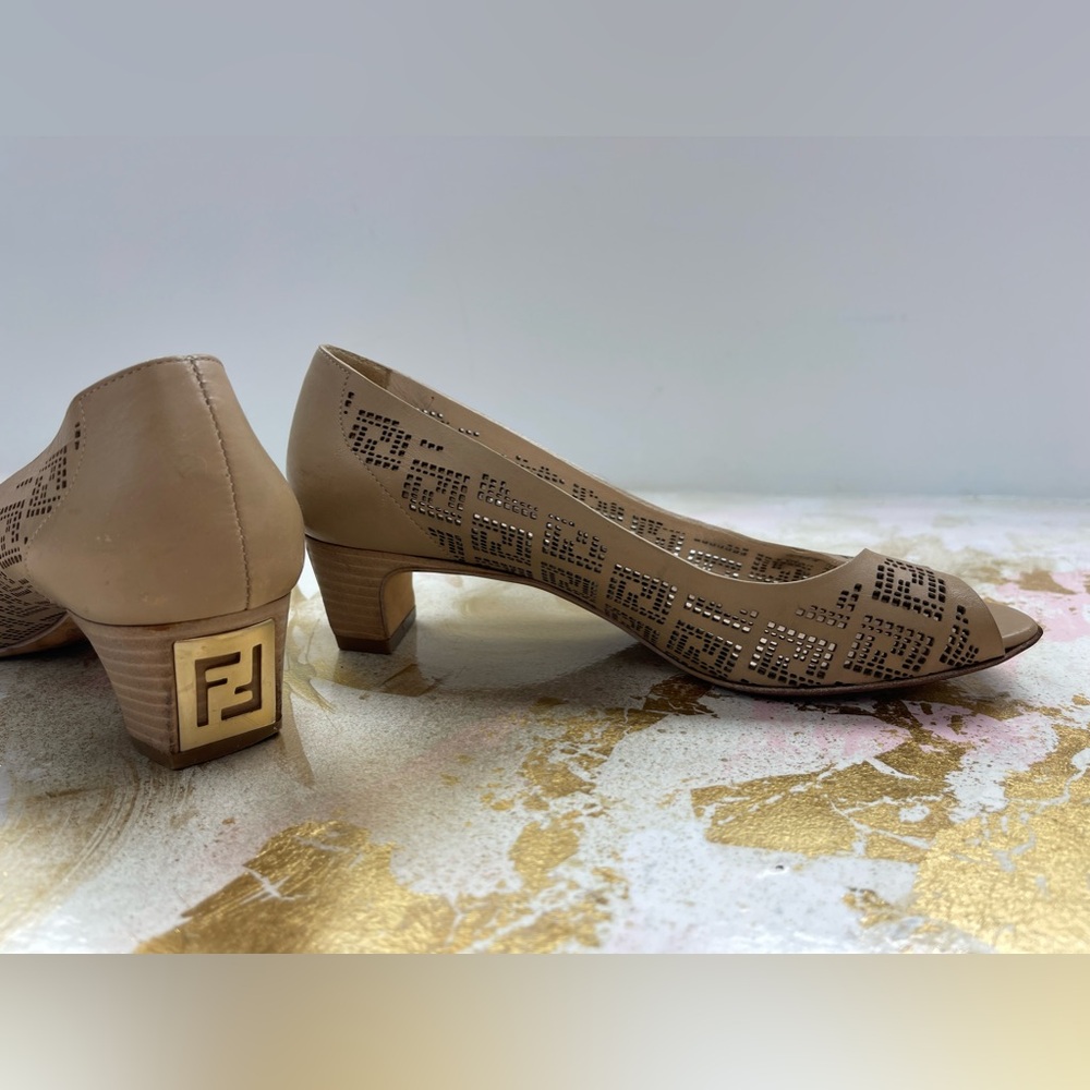 Fendi Tan Perforated Leather Peep Toe Pumps 36/ 5.5